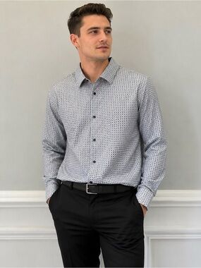 Men's Slim Fit White Geo-Print Dress Shirt